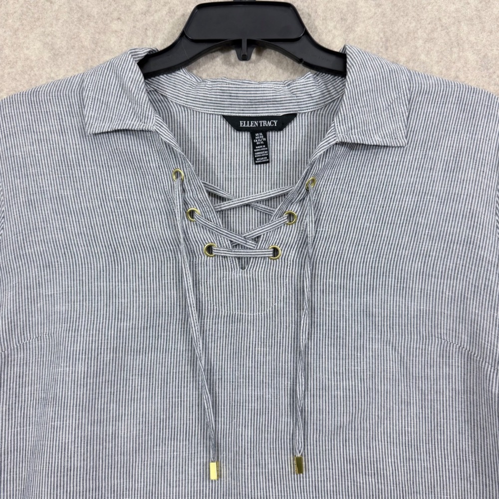 Ellen Tracy Lace Up Pinstripe Tunic Top Womens XL Blue White Linen Blend Coastal